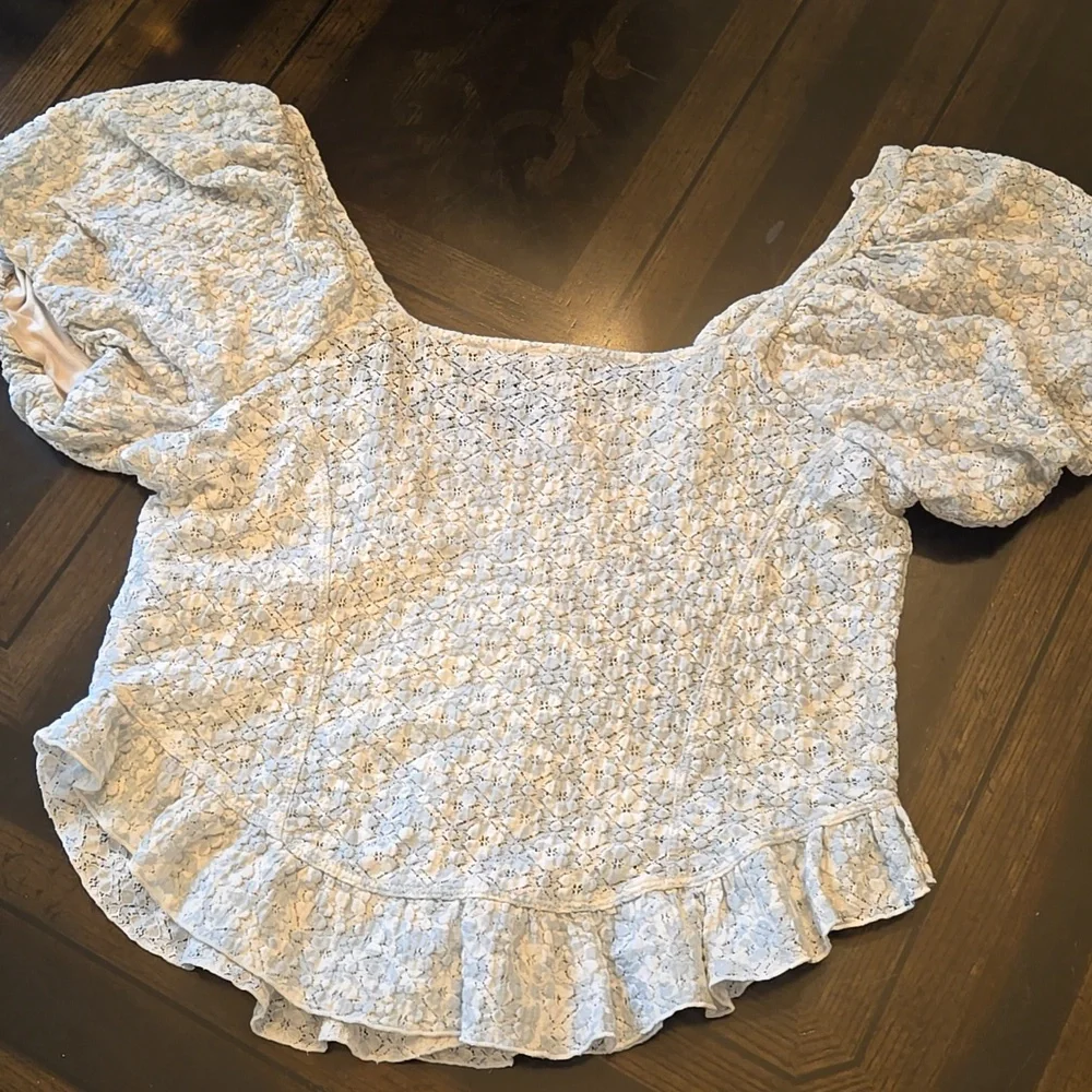 💙 Free People Light Blue Textured Puff Sleeve Blouse | Large | NWOT
